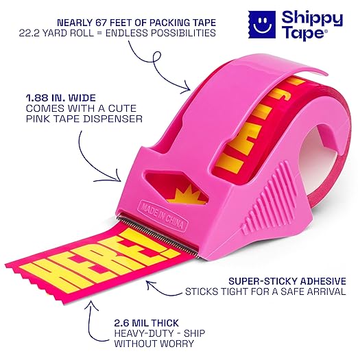 Decorative Packing Tape with Pink Dispenser – Yay I’m Here! Pink & Yellow, 1.88" x 22.2 Yards – Cute Printed Shipping Tape for Gifts, Small Business Essentials, and Mailers