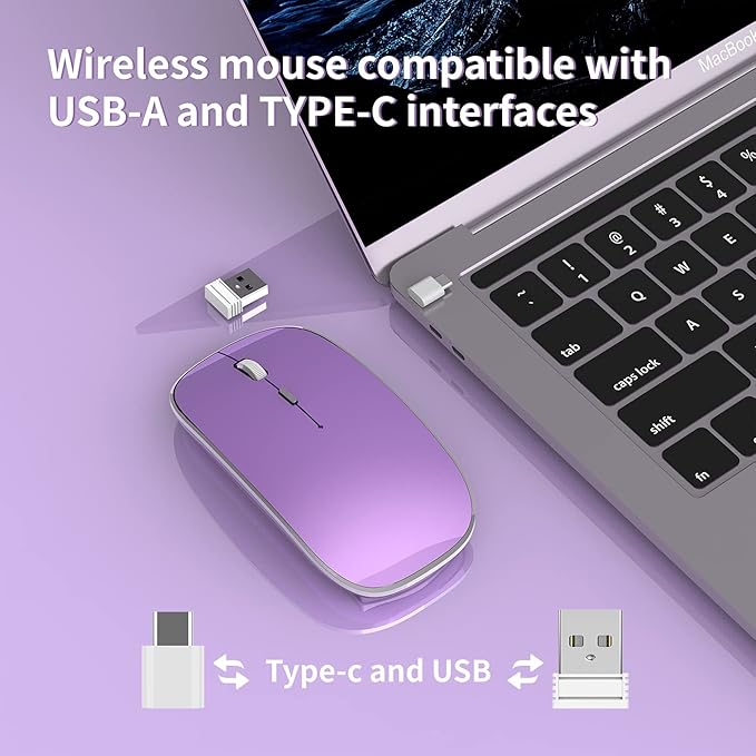 Wireless Mouse Chargeable Portable Silent USB and Type-C Dual Mode Wireless Mouse 3 Adjustable DPI for Laptop, Mac, Android, PC (Q23S Black) (Purple)