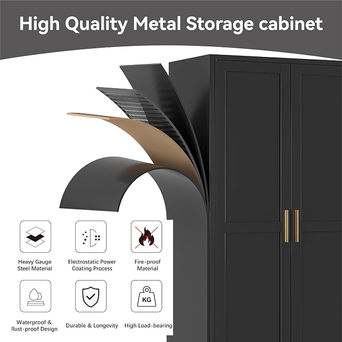 Bevivog Metal Kitchen Pantry Cupboard Cabinet, 71" Black Utility Storage Cabinets with 2 Doors and 4 Adjustable Shelves for Kitchen/Home Office/Dining Room/Living Room