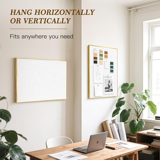 Linen Bulletin Board, 24"x18" Decorative Fabric Pin Board Vision Board | Gold Aluminum Frame, Upgraded White Canvas Surface, Wall Mounted, for Home Office Bedroom Dorm Wall Decor