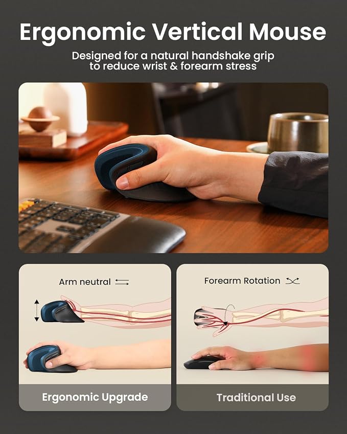 ProtoArc EM11 NL Wireless Ergonomic Mouse, Rechargeable Vertical Mouse | 58° vertical design supports a natural wrist posture, connect 3 devices via Bluetooth/2.4G USB-A, 500mAh USB-C rechargeable.