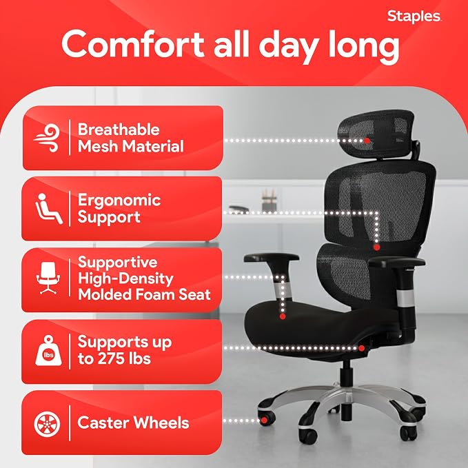 Staples Ergonomic Mesh Task Chair with Lumbar Support, Swivel, Black | Ideal for home offices, workstations, and everyday desk use.