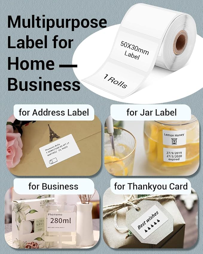 Phomemo Thermal Labels, 1.97"x 1.18", for M110/M100/M220/M108, 230 PCS | Square 50 x 30mm Name Thermal Stickers for Kids/School, 1 Roll, for Barcode/Address/Organization/Logo/Business/Home, White