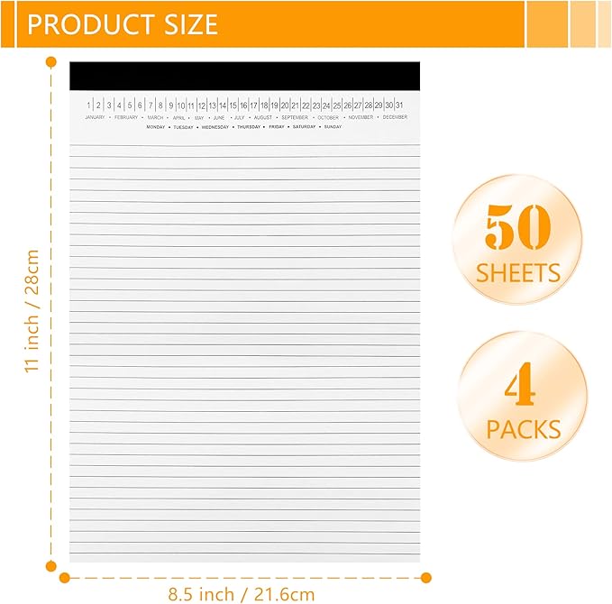 4 Pack Legal Pads 8.5" x 11" Note Pads with Date on Top, 50 Sheets Lined Paper Writing Pads, Narrow Ruled White Notepad Notebook for Office Business School College Supplies