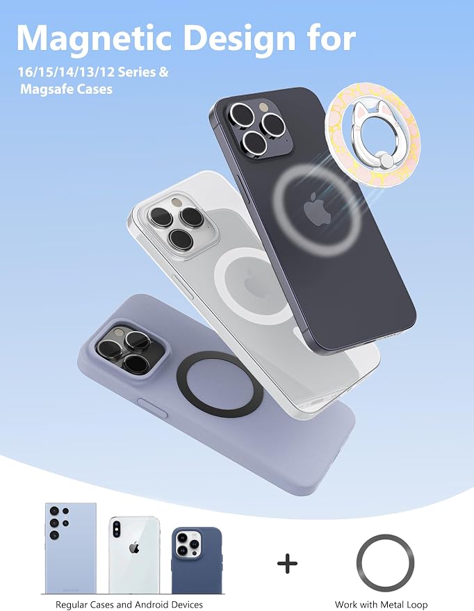 Magnetic Phone Ring Holder for magsafe, Cartoon Cat Snap, Glitter Magnetic Grip Compatible with iPhone 16 15 14 13 12 Pro max,Pro,Plus,Mini, Adjustable Kickstand, Pink