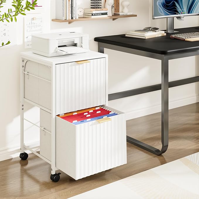 VINGLI 2 Drawer Mobile File Cabinet, Rolling Fluted Filing Cabinet Under Desk File Cabinet with Wheels, Fabric Drawers Printer Stand for Home Office, Fits Letter Size, White