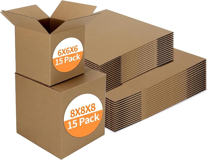 Hoikwo 30 Packs Brown Shipping Boxes Mixed Sizes | 15 PCS Each of 8x8x8, 6x6x6 Cardboard Box for Small Business Packaging and Mailing