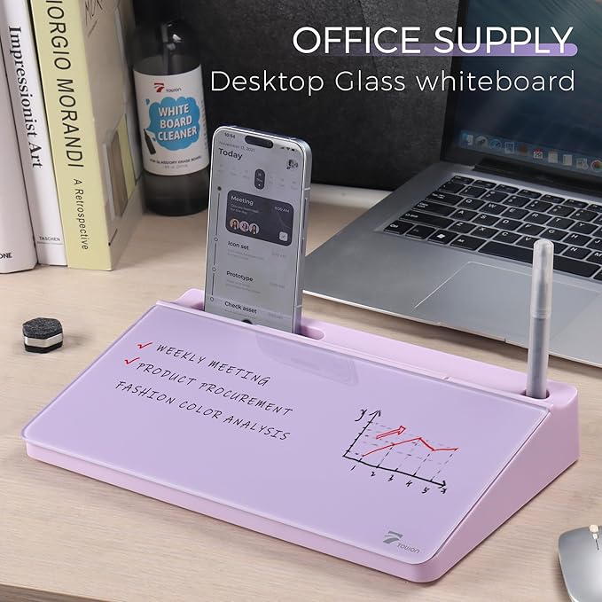 TOWON Compact Glass Desktop Whiteboard with Storage 12x7 in, Lavender | Aesthetic dry erase surface, 5 markers, eraser and holder included, for the office, home or school desk