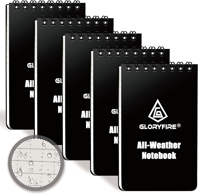 GLORYFIRE 5 Pack Waterproof Notebook, 3"x5" Top-Spiral Pocket Notepad | All Weather Note Pads, Tactical Memo Book with Waterproof Grid Paper, PVC Cover for Police, Outdoor Office School