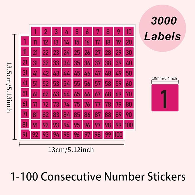 STARLIBOO 1 to 100 Consecutive Number Stickers, 0.4 inch Square Small Number Stickers Labels for Inventory, Storage, Organizing, Boxes, Bins, Toolbox, Locker (3000 Labels, Pink)