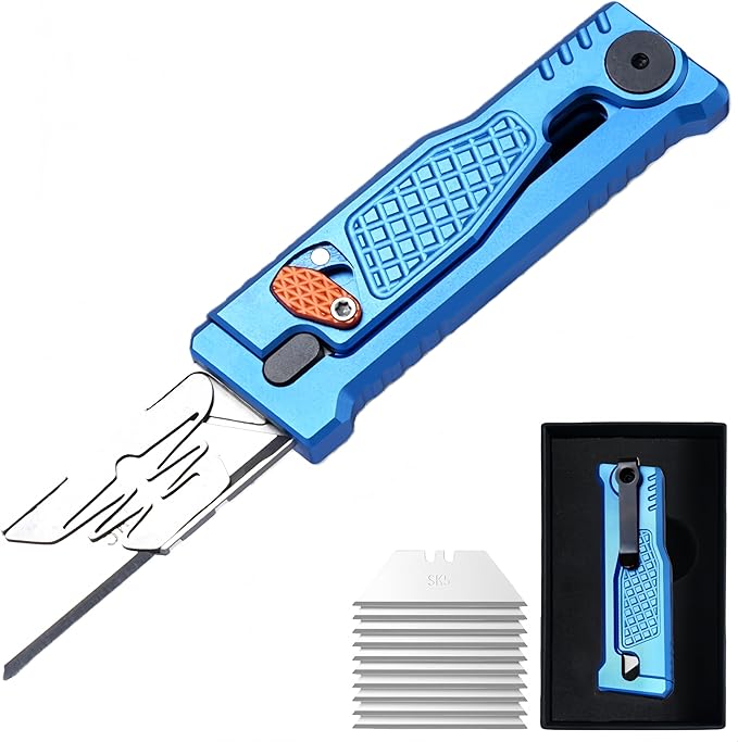 5.8" Aluminium Utility Knife, EDC Box Cutter with Clip, CNC Unibody, Lightweight All Metal Folding Box Cutter, Ideal Gifts for Men Women, with 10 Extra Blades（Blue）