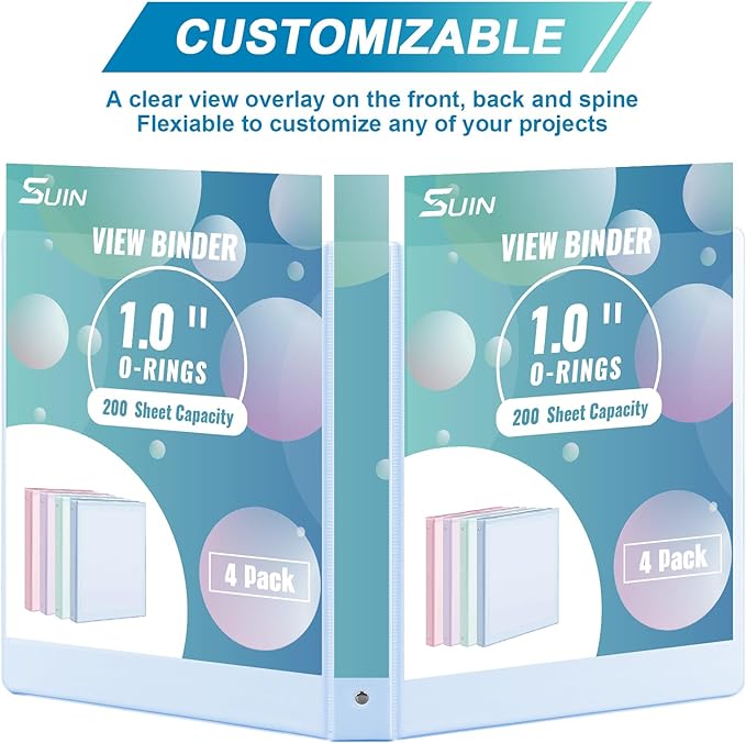 SUIN 1 Inch 3 Ring Binder 4 Pack Pastel Colors, Holds 200 Sheets Letter Size with Pockets for School Office Home