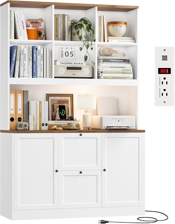 72'' Tall File Bookcase with Power Outlet & Printer Stand, 2 Filing Drawers | Bookshelf with Doors & 2 Adjustable Drawers for Hanging Letter/A4 File, Wood File Cabinets For Home Office Storage, White
