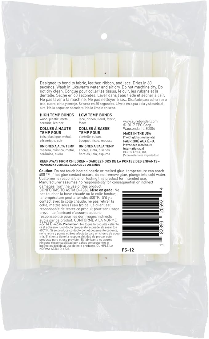 Surebonder Fabric Hot Glue Sticks, Full Size, 4-Inch, Machine Washable Adhesive for Denim, Felt, Leather, and More – Strong, Flexible Bond, 12 Pack, White