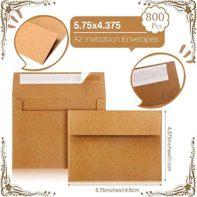 Fainne 800 Pack Kraft Envelopes for Invitation, 120 GSM,A2, 4.375 X 5.75 in | Brown Envelopes for Invitation, 120 GSM Gift Card for Office, Wedding, Gift, Party, Baby Shower, Mailings
