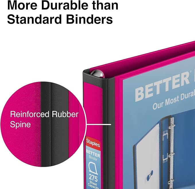 Staples Better Binder, 1-Inch 3‑Ring View Binder, Durable D‑Ring, Pink, Heavy‑Duty, Holds 275 Sheets, School & Office Organization, 3‑Pack