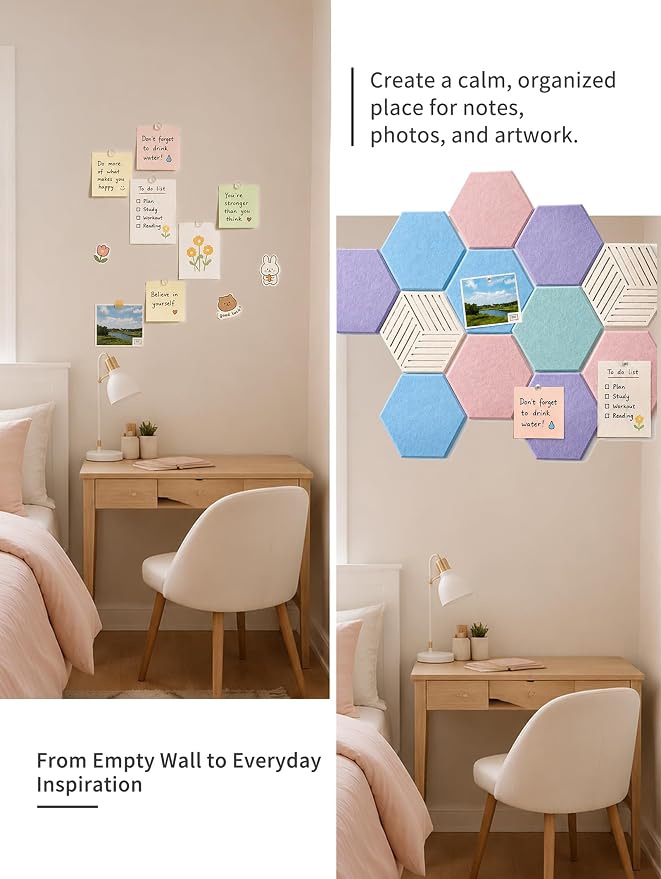 Hexagon Cork Board Tiles for Office Walls Decor 10 Pack 11.81" X 10.24" | Traceless Nano Adhesive Tabs, 0.39 " Thickness Specification, Cover 6.3 Ft² Area, Photo Memory Display, Vision Board Creation