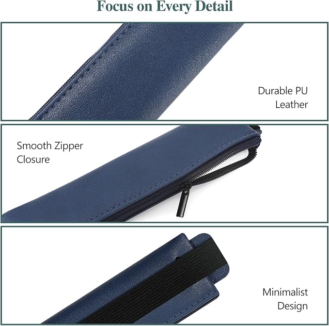 MoKo Elastic Pen Holder for Notebook, 4 Pack PU Leather Pencil Pouches | Adjustable 7.5–14.6 in bands secure the zippered pouches; each 7 × 2.2 in case holds at least 3–4 pens.