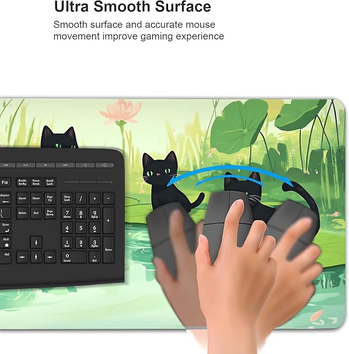Cute Anime Black Cat Gaming Mouse Pad, Forest Green Anime Desk Mat with Anti-Slip Base & Stitched Edges, Office Supplies & Desk Decor for Women, 35.4" x 15.7" in Home Office Essentials
