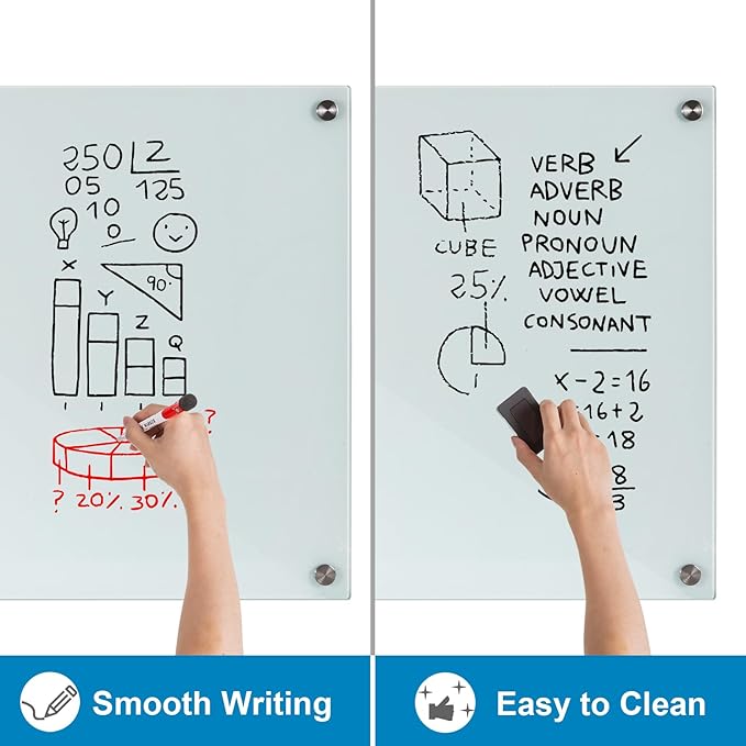 Wingwise Glass Dry Erase Board, 48 x 36 Inches Magnetic Glass Whiteboard | Frameless Glass Board, Wall Mount, 4' x 3', Frameless, For Office, Home, School