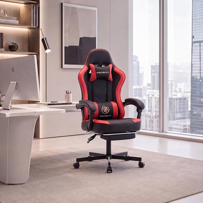 Desk Computer Gaming Chair - High Back Ergonomic Office Chair with Footrest and Lumbar Support, Swivel Comfy Home Gamer Video Game Chairs with Pocket Spring Cushion for Adults (Red Leather)