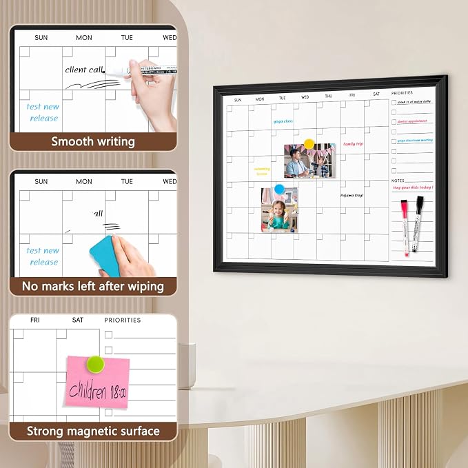 DOLLAR BOSS Magnetic WhiteBoard Calendar, 36x24 in, Dry Erase Board, Black | Monthly Dry Erase Planner for Wall with White Wood Style Frame for Office, School, Dorm, Home Decor