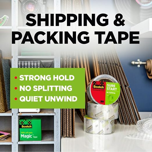 Scotch Sure Start Shipping Packaging Tape, 1.88" x 54.6 yd, Designed for Packing, Shipping and Mailing, Quiet Unwind, No Splitting or Tearing, 3" Core, Clear (345),1 Roll (Pack of 12)