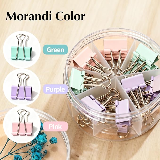 Binder Clips Assorted Sizes, Durable Metal Binder Clips for Office, Cute Desk Supplies for Teachers Student (120, Morandi)