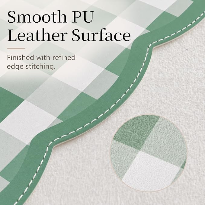 Ohocut Scalloped Gingham Checkered Desk Pad，Green：31.5" x 15.7" | Large, Premium Faux Leather, Anti-slip Bottom, Water Repellent, Easy to Clean, Aesthetic Trendy Design