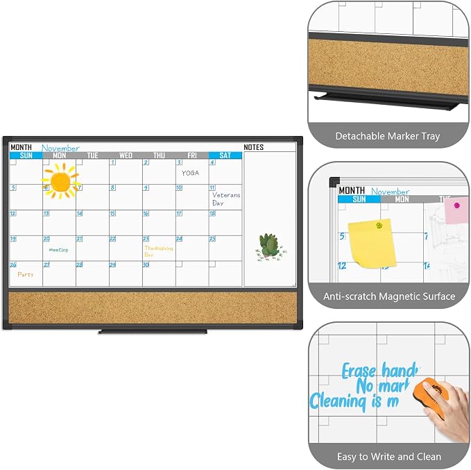 XBoard Monthly Whiteboard Calendar with Cork Board, 36" X 24" | Magnetic Dry Erase Calendar and Corkboard Combo for Planning Organization