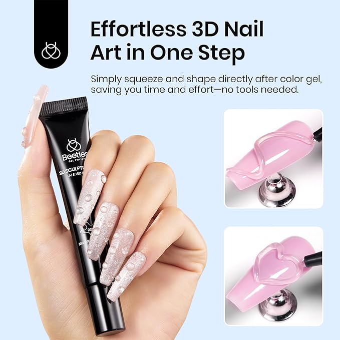 Beetles 3D Gel Nail Art, 1Pcs 15ml Sculpting Gel 3 in 1 Clear No Wipe Nail Polish Rhinestone Art Glue for Nail Gems Diamond Jewelry U V LED Lamp Needed DIY Home Salon Nails Gifts for Women