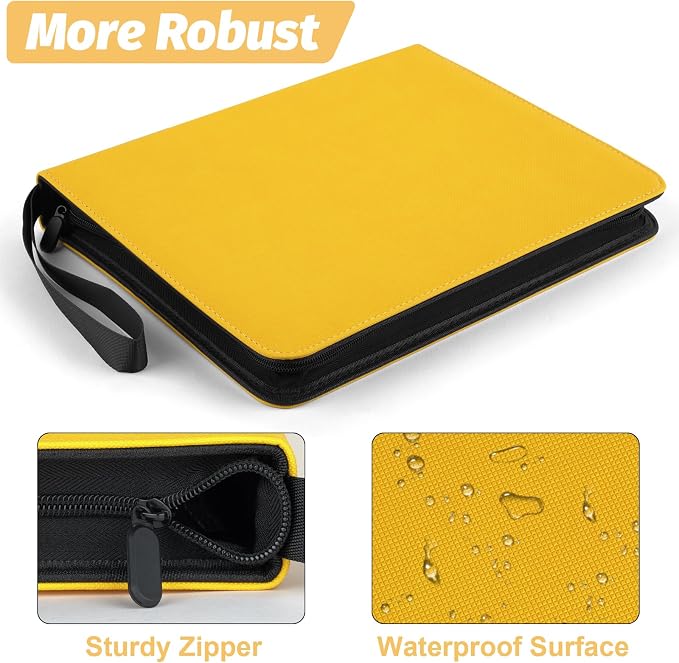 GERMUN 3 Ring 9 Pocket Zipper Card Binder, 720 Double Sided Standard PU Trading Card Album Folder for TCG & Sports Cards, Not Fit Top Loaders (YELLOW)