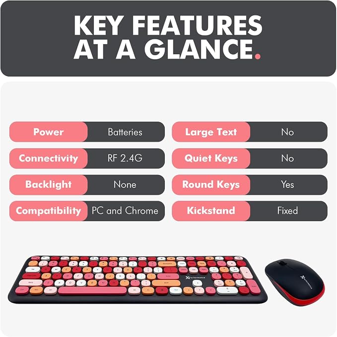 X9 Cute Wireless Keyboard and Mouse Combo - 2.4G Colorful Keyboard and Mouse Wireless with Retro Multi-Colored Typewriter, Keycaps for Windows Computer Keyboard, Laptop - Black