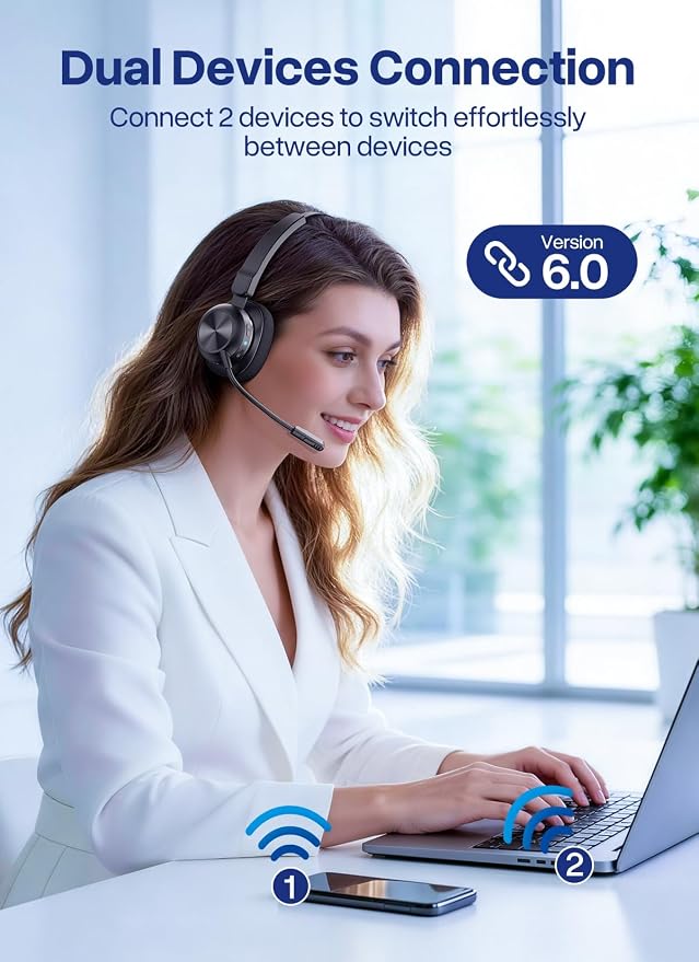 Trucker Bluetooth Headset, Wireless Headset with Microphone | USB Dongle, On Ear Bluetooth Headphones with AI Noise Cancelling 50H Playback Mute Button for Truck Driver Office Work, Black