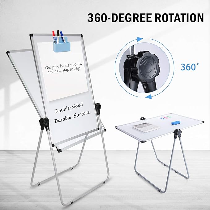 36x24 Whiteboard with Stand, Double Sided Magnetic Dry Erase Board | Height and Angle Adjustable, Foldable Aluminum Frame, Anti-Slip Feet, Magnetic Surface for Home, Office, School and Meetings