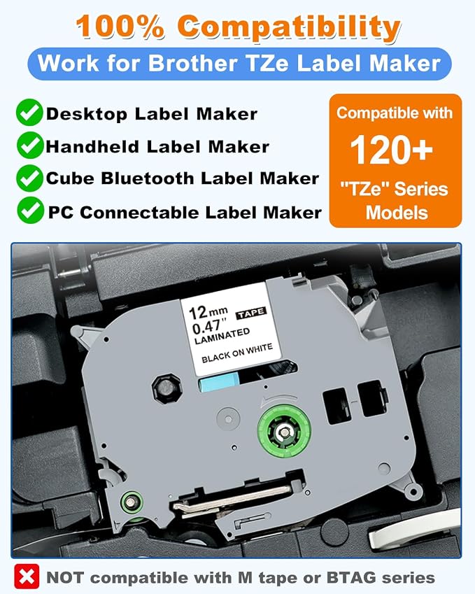 Compatible with Brother P Touch Label Maker Tape TZe 12mm 0.47" | Laminated Multicolor Label Tape TZ Refills, Work for Brother P-Touch PT-D210 D220 H110 D400 D600 1280, 1/2" x 26.2', 6 Pack