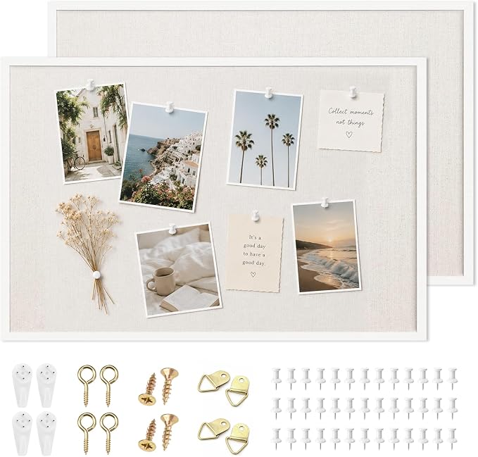 OWLKELA 2 Pcs Linen Cork Bulletin Board, 20"x 30" | White Framed Cork Board, Vision Board, Ideal for School, Home, Office, Decor, School and Cubicle