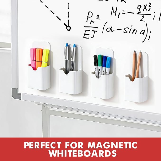 BEYGORM Magnetic Pen Holder for Refrigerator, Pencil Cup Organizer (White) | Upgraded 1.5mm thick magnetic backing for whiteboards, lockers & fridge; 4 Pcs dry erase marker holder for classroom & office
