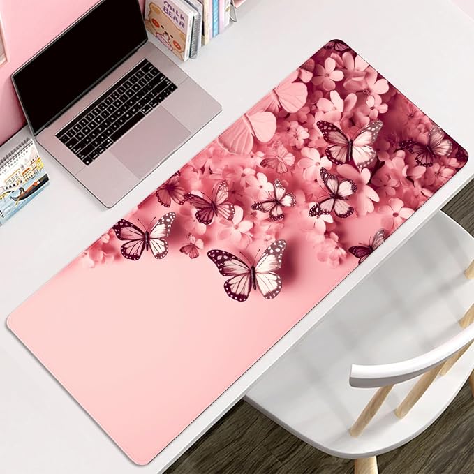 Pink Butterfly Mouse Pad Desk Mat Large Mouse Pads Desk Pad Computer pad | Stitched Edges Rubber Non-slip Girls Office Study Gaming XL Long Extended for Keyboard Laptop PC