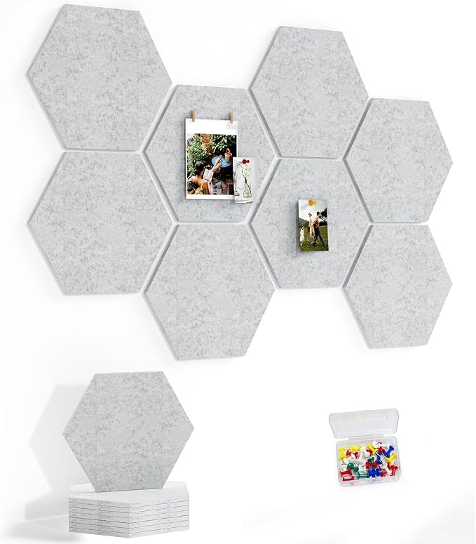 8-Pack Hexagon Felt Bulletin Board Tiles, Cork Board Alternative | For students and teachers creating vision boards in homes, offices, dorms or classrooms; includes 30 push pins.