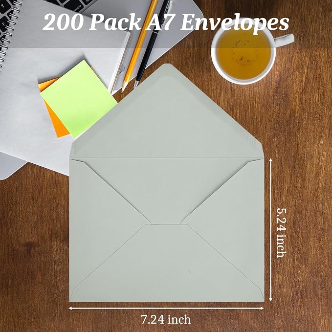 200 Pack A7 Envelopes, Gray Greeting Card Envelopes Self Seal, 5.24 x 7.24 in Envelopes for Birthday Graduation Baby Shower Wedding Invitation Cards
