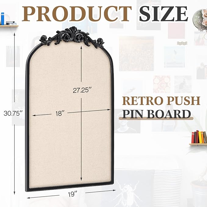 Vintage Framed Pin Board Linen Display Bulletin Board Large Ornate Fabric Picture Photo Pinboard Memo Decorative Prayer Pinboard Ornate for Wall Gift(Arch,19" X 31",Vintage Black)