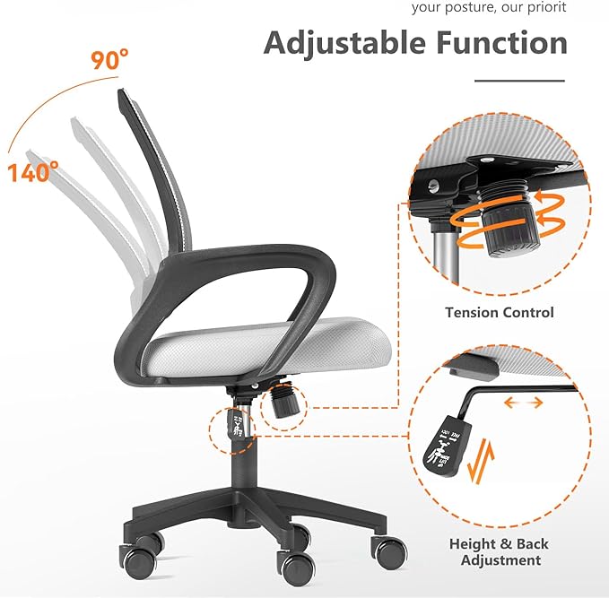 Home Office Chair, Ergonomic Mid-Back Mesh Desk Chair with Lumbar Support, Adjustable Swivel Rolling Design, Comfy Armrest for Work, Study, Gaming, Vanity (White, Single Chair)