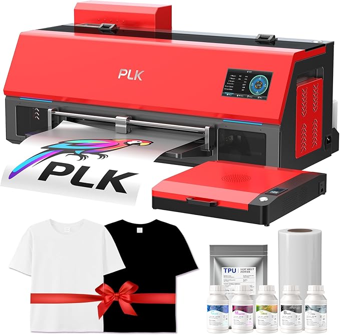 PLK A3 Plus XP600 DTF Printer, Double-Speed Than L1800/L805, 4.5'' Touch Screen, Auto-Cleaning, Dual White Ink System, Film-Cutter, Apparel Printer Machine, 2-Year Ink Included