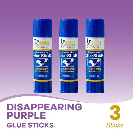 Upgrade Office Supply Glue Sticks, 22g, 3 Count, Purple Goes On Dries Clear | Acid-Free, Washable Non Toxic, for Classroom, Home, Office, Art, Craft and Poster Projects