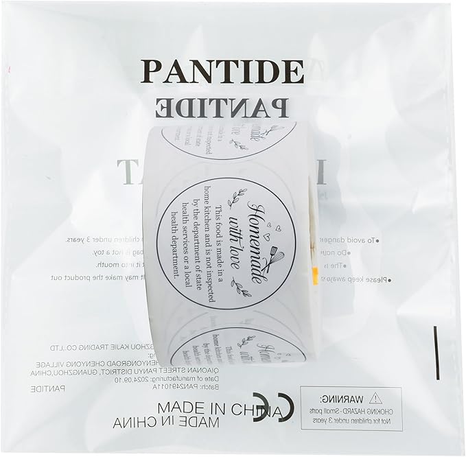 PANTIDE Cottage Food Law Labels Stickers - 500 Count Homemade with Love Adhesive Round Decal Roll, Made in a Home Kitchen Inspection Statement Thermal Printed for Baked Food Packaging (2 x 2 Inch)