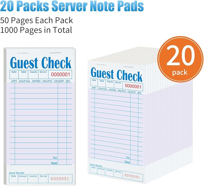 ZPARIK 20 Pack/1000 Tickets Guest Checks Books for Servers, Purple | 50 Sheets Per Pack, Total 1000 Total Tickets; Durable Server Notepads for Cafes, Diners & Restaurant Staff