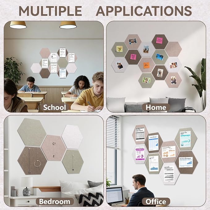 Hexagon Cork Board for Walls Decor, 8 Pack Felt Bulletin Board Tiles with 30 Pushpins, 50 Adhesive Tabs, 12" Pin Board Felt Board for Office & Home Classroom, Notes Photos and DIY Decor