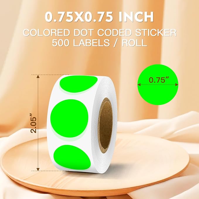 PARLAIM 3/4 Inch Color Coding Label Stickers,500PCS Circle Inventory Sticky Dots Sticker in Dispenser Box,Fluorescent Green Adhesive Round Dot Labels for Office Home(Fluorescent Green)