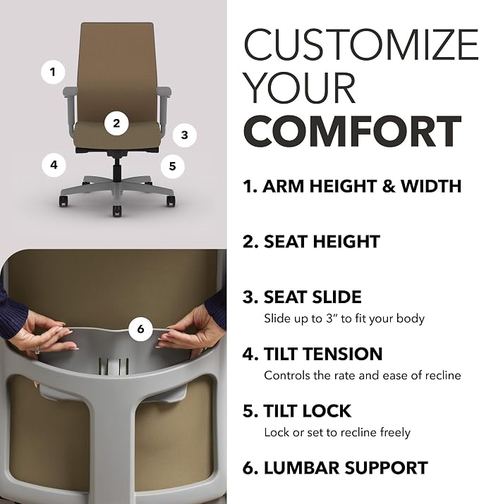 HON Ignition 2.0 Mid Back Task Chair, Spectrum Mesh, Advanced Synchro-Tilt Control, Office Chair with Lumbar Support, Height and Width Adjustable Arms, Titanium Frame, Quicksand | Ergonomic office desk chair with lumbar support, adjustable arms, office...